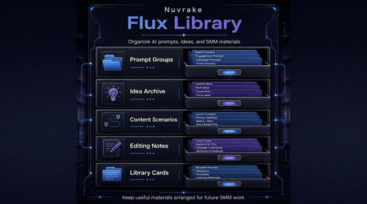 Nuvake Flux Library interface with various categories on a dark background