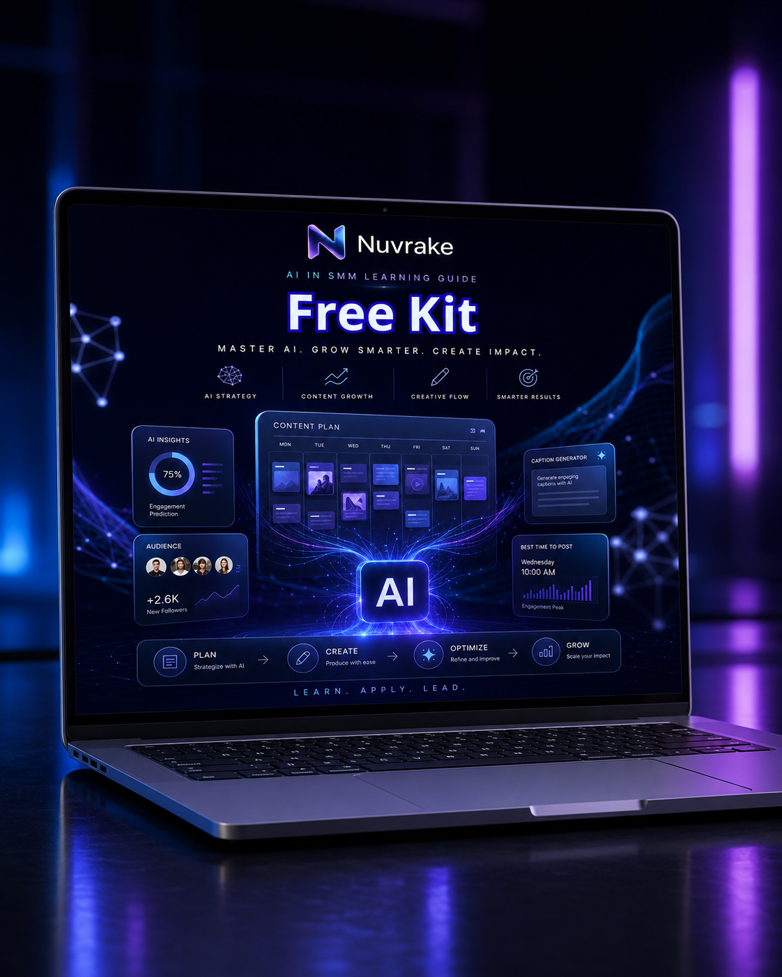 Laptop displaying Nuv rake AI platform on a dark background