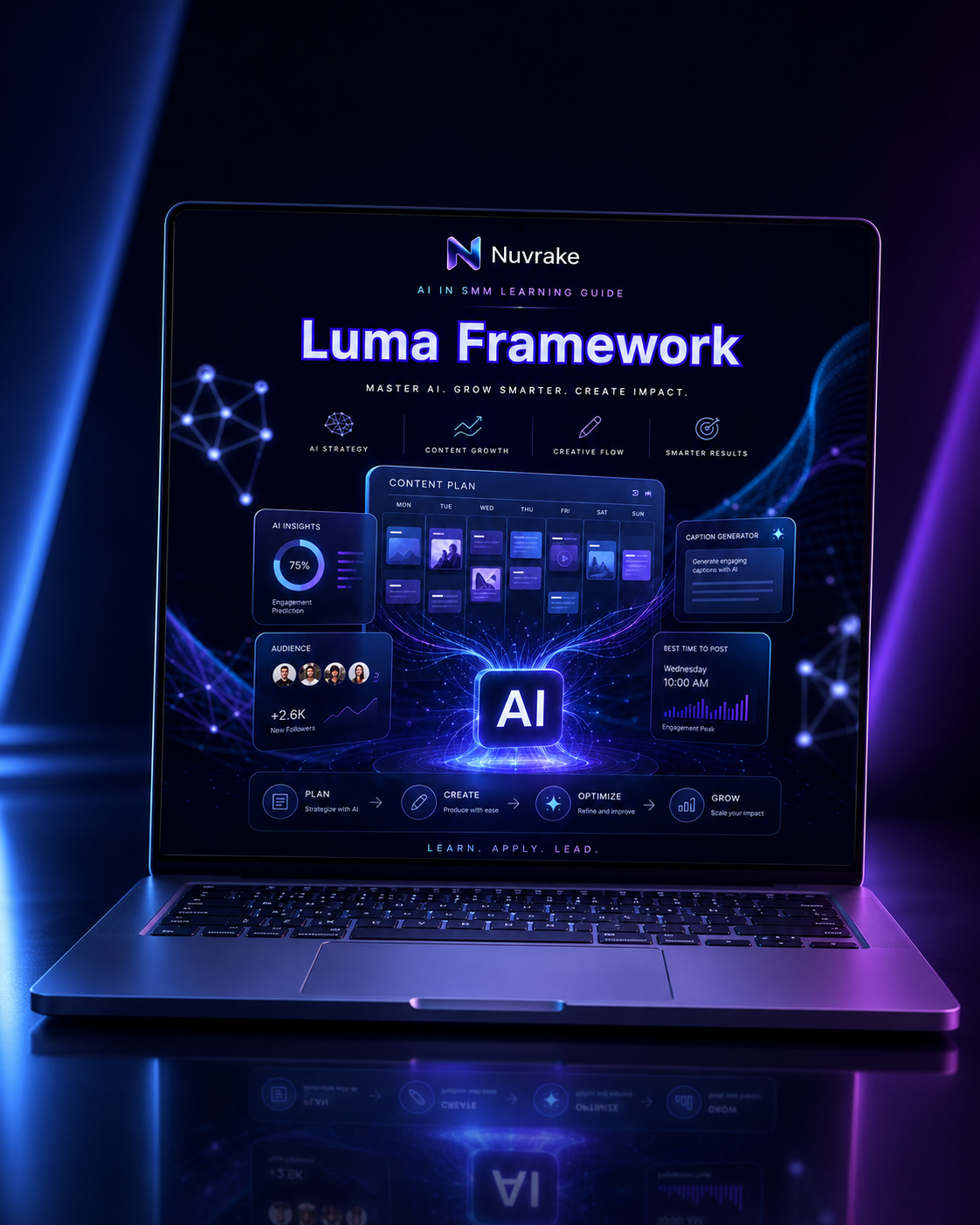 Laptop displaying Nuvrake Luma Framework AI software interface with glowing blue and purple lights.