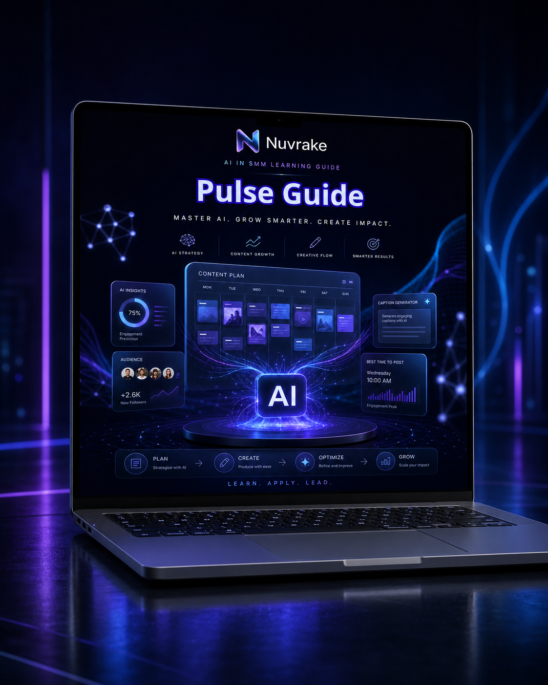 Laptop displaying the Nuvrake Pulse Guide AI platform on a dark background