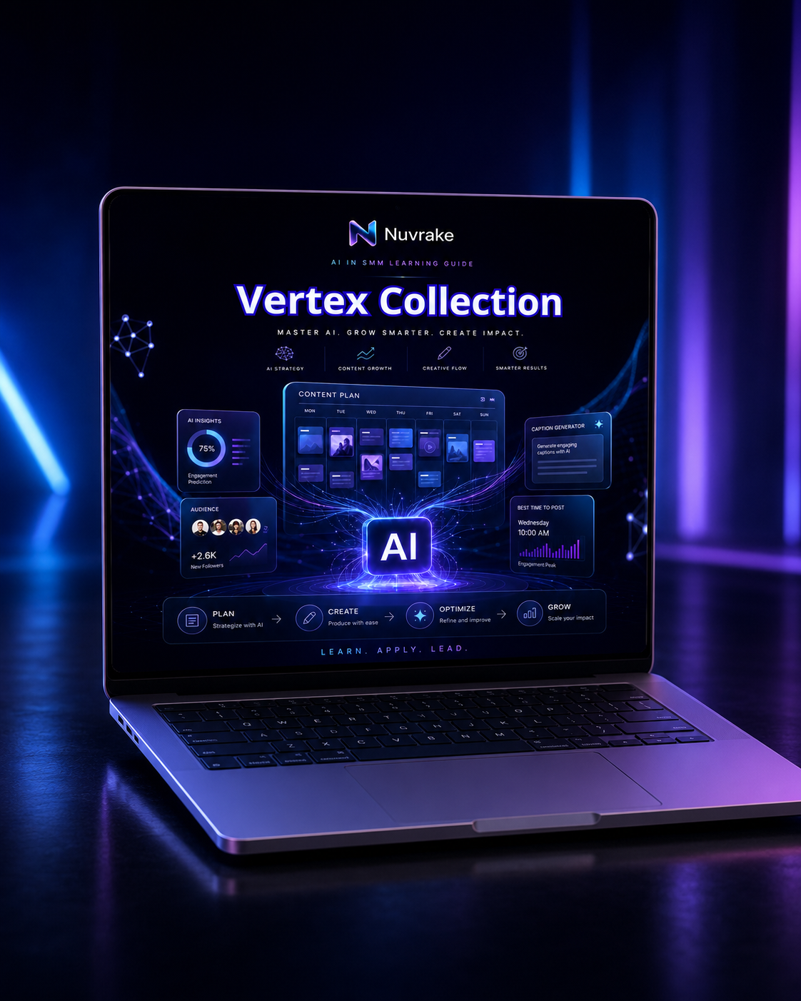 Laptop displaying Nuv rake Vertex Collection AI interface on a dark background with blue lighting.