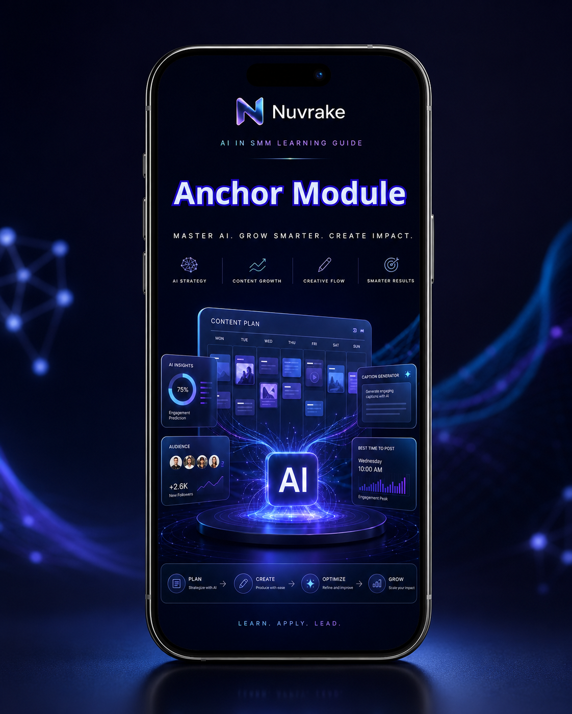 Smartphone displaying Nuvrake Anchor Module app interface with blue and black theme
