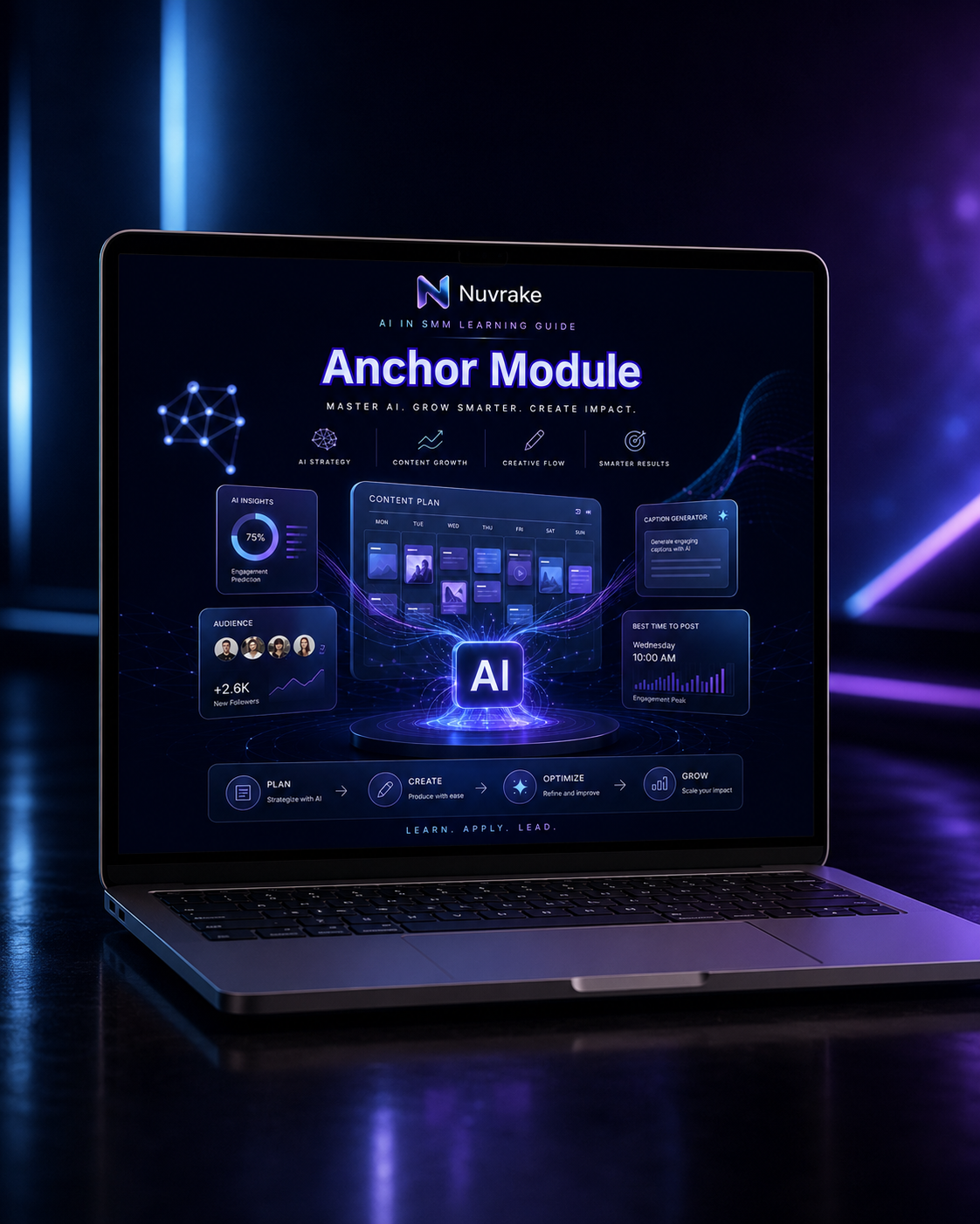 Laptop displaying Nuvrake Anchor Module software with a dark background