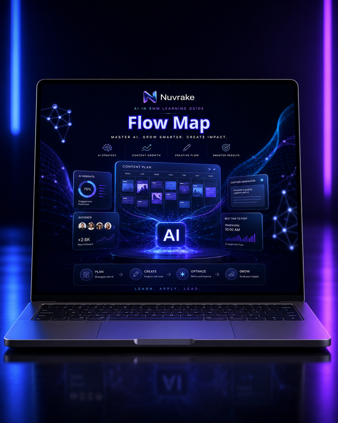 Laptop displaying Nuv rake AI Flow Map software with blue and purple lighting