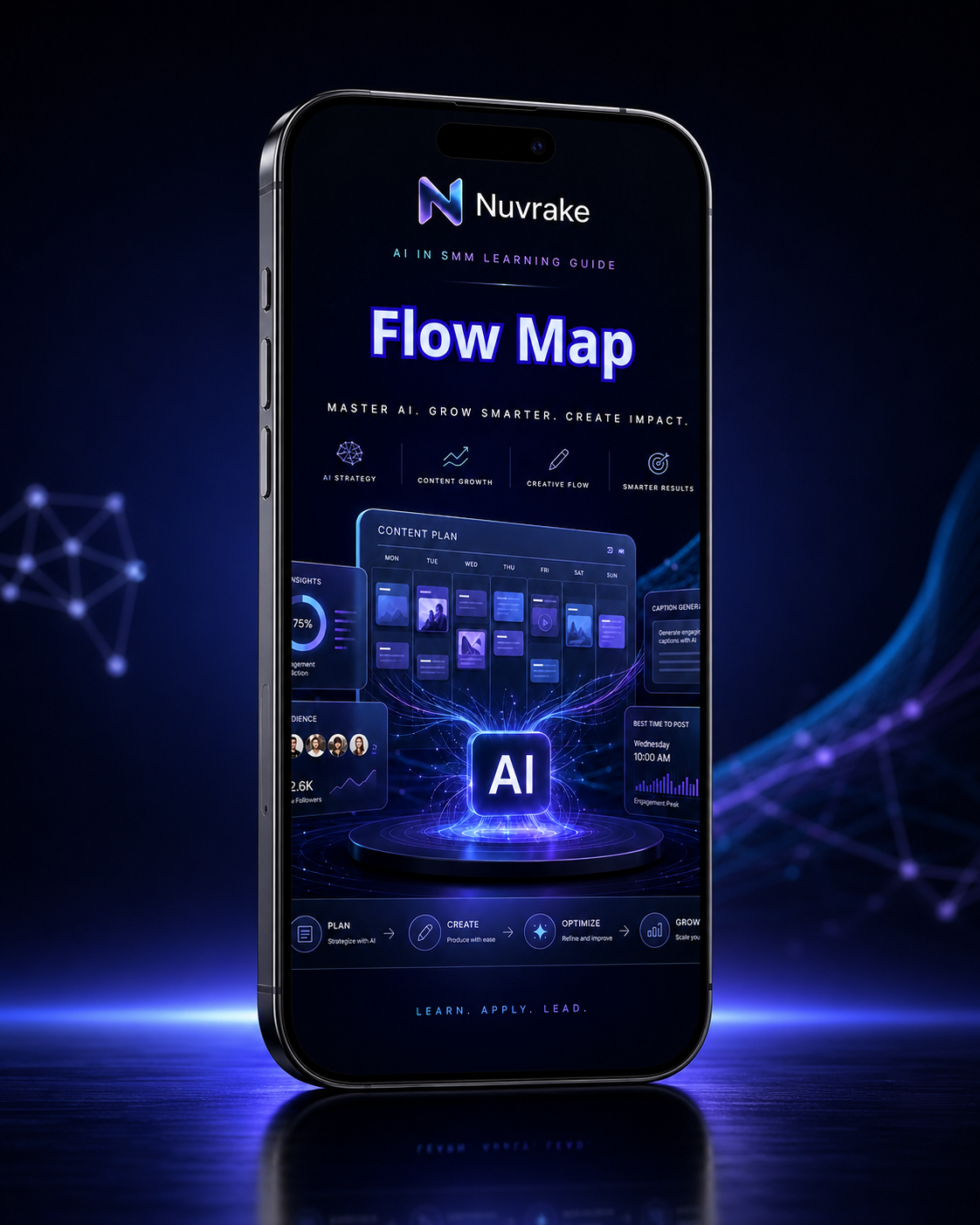 Smartphone displaying Nuvrake AI Flow Map app interface on a dark background