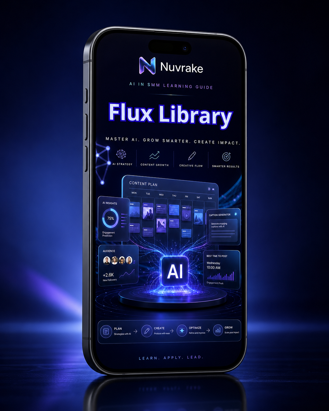 Smartphone displaying the Nuvrake Flux Library app interface on a dark background