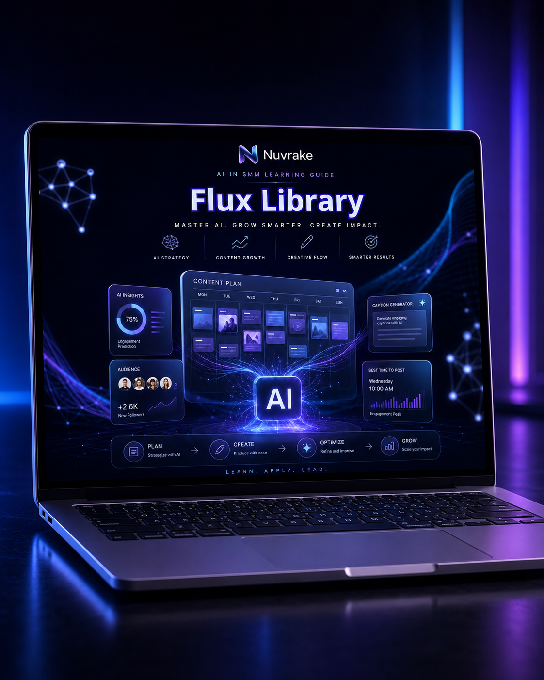 Laptop displaying the Nuv rake Flux Library interface with a dark background