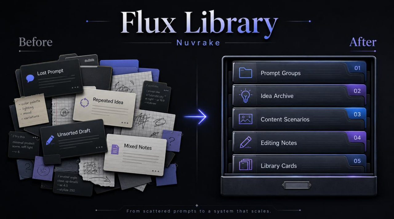 Comparison of 'Before' and 'After' states for Flux Library Nuvrake on a dark background.