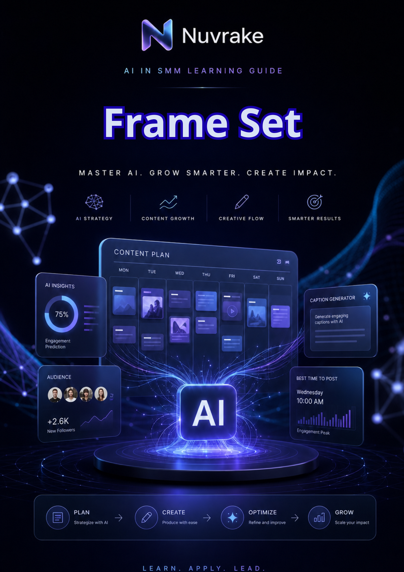 Nuvrake AI in SMM learning guide frame set with digital interface design.