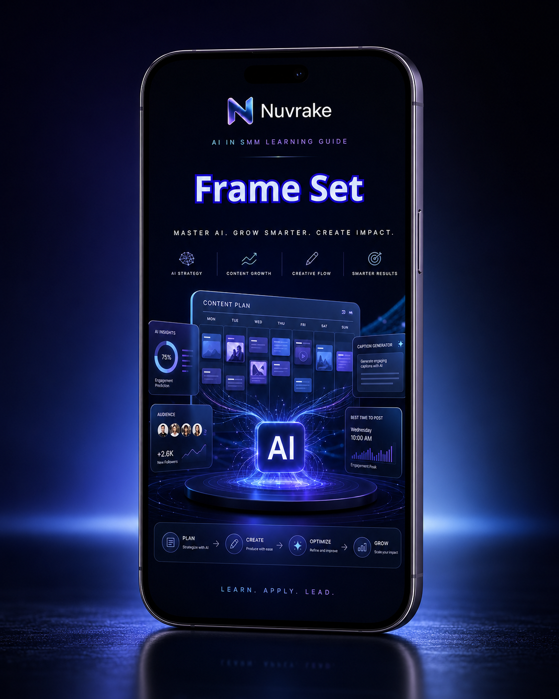 Smartphone displaying Nuvrake AI learning guide app on a dark background