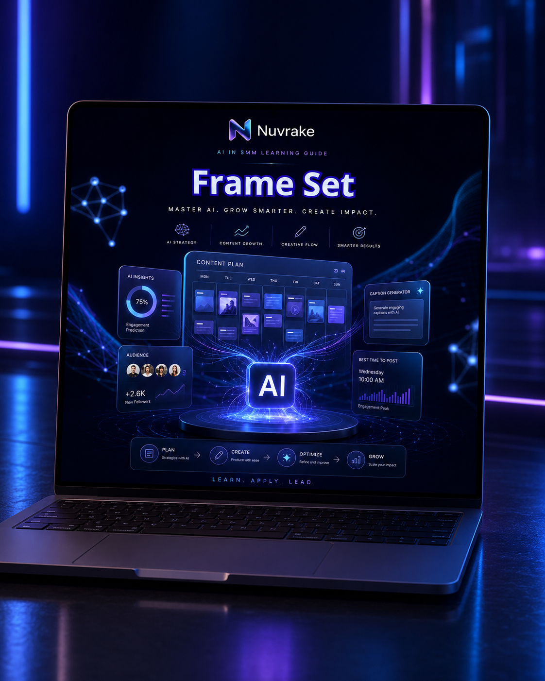 Laptop displaying Nuvrake AI frame set interface with blue and black theme.