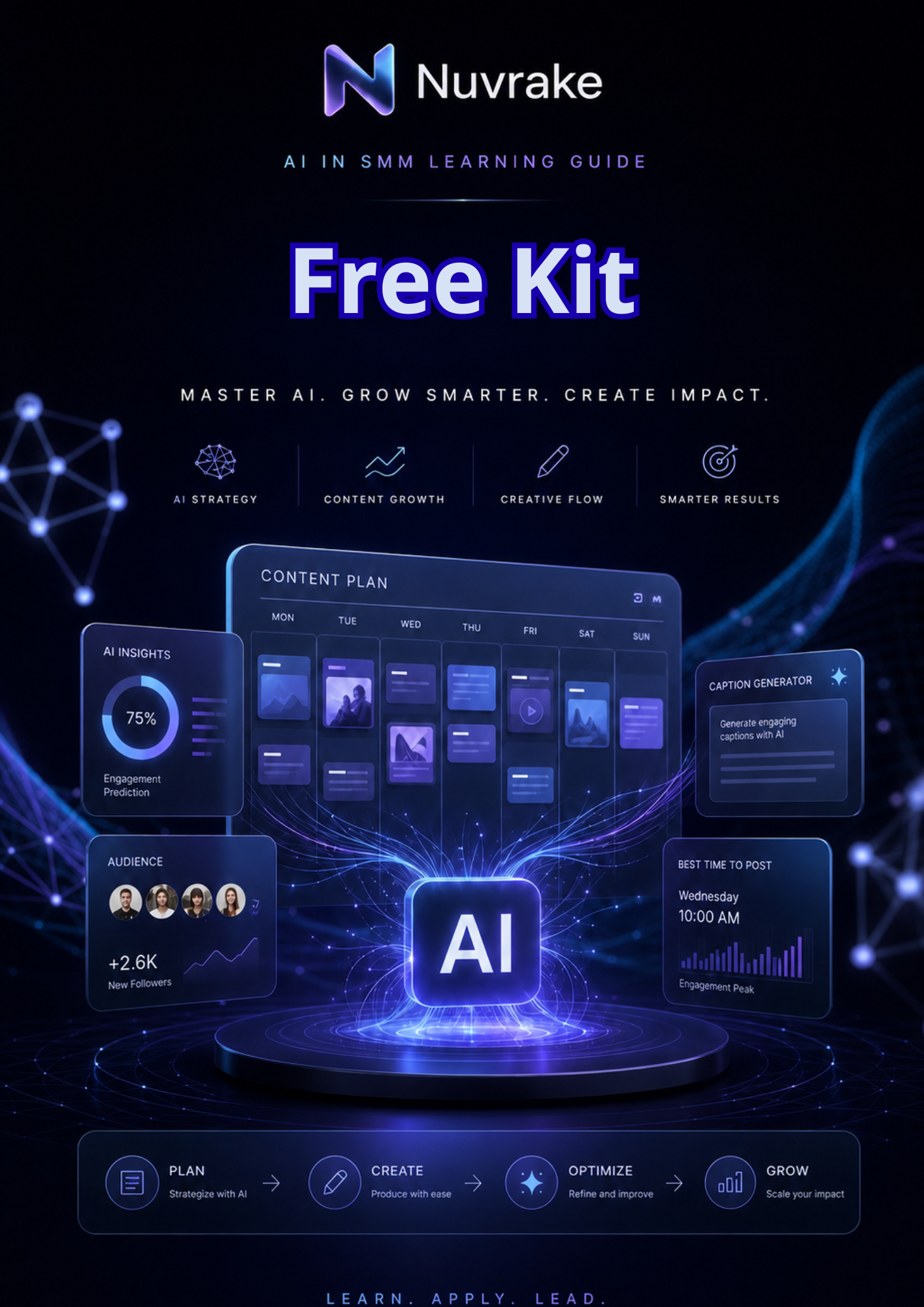 Nuvrake AI in SMM Learning Guide Free Kit with digital interface design on a dark background