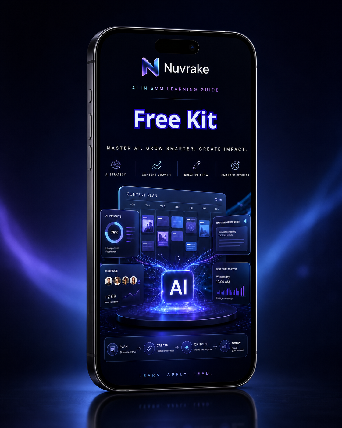 Smartphone displaying Nuv rake AI app interface with blue and black theme