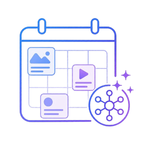 Calendar icon with media icons and a network icon on a white background