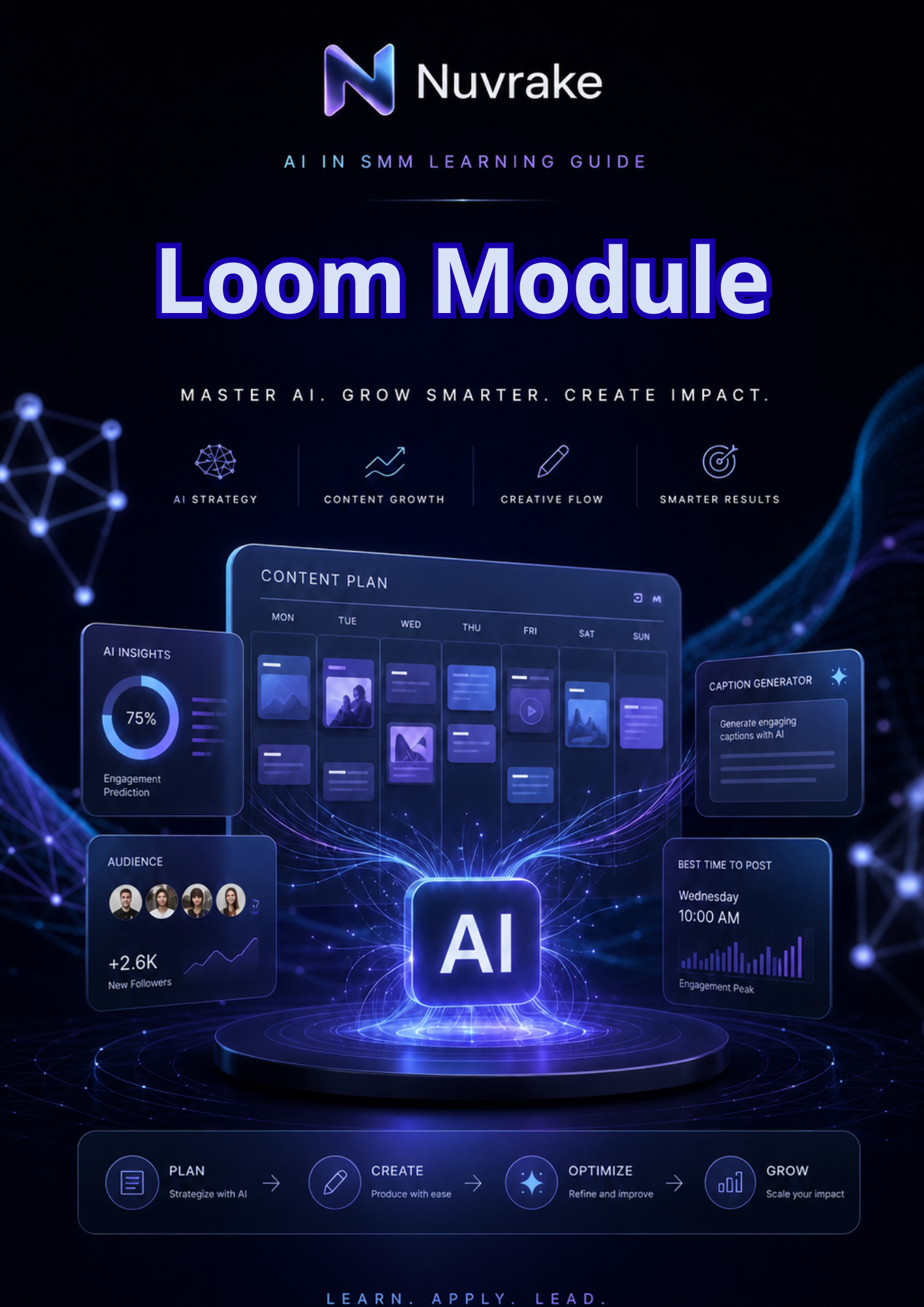 Nuvrake Loom Module AI in SMM Learning Guide with digital interface design on a dark background