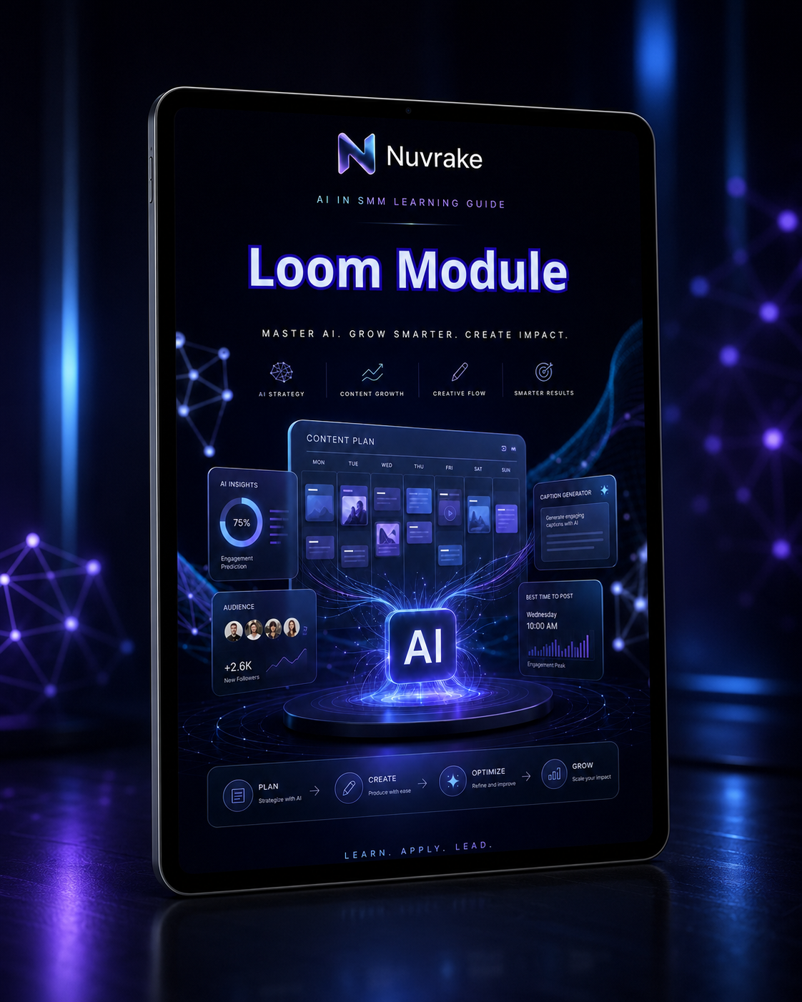 Nuvrake Loom Module AI in SMM Learning Guide on a tablet with a dark background