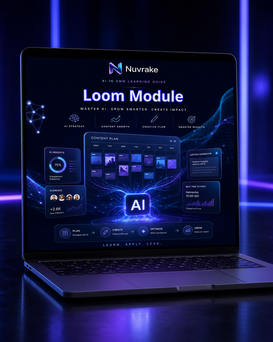 Laptop displaying the Nuvrake Loom Module interface with a dark background and blue lighting.