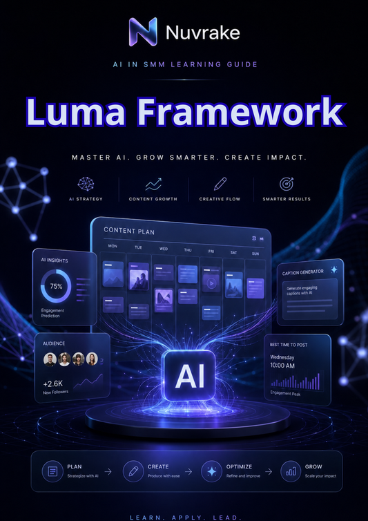 Nuvrake Luma Framework AI in SMM Learning Guide with digital interface design on a dark background