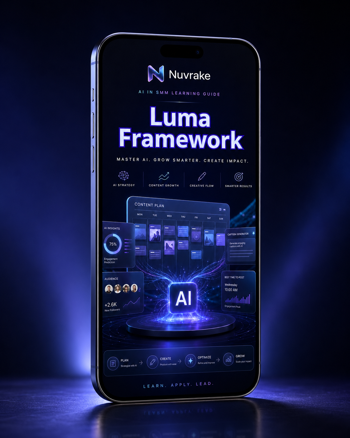 Smartphone displaying Nuvrake Luma Framework app interface on a dark background