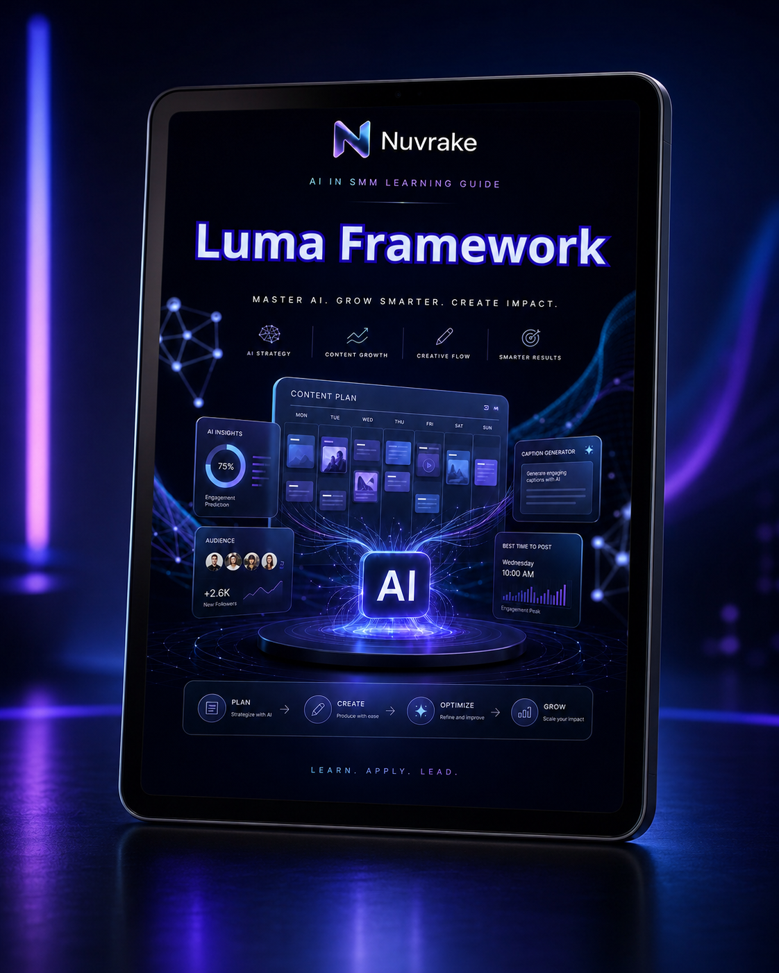 Nuvrake Luma Framework AI learning guide on a tablet with a dark background