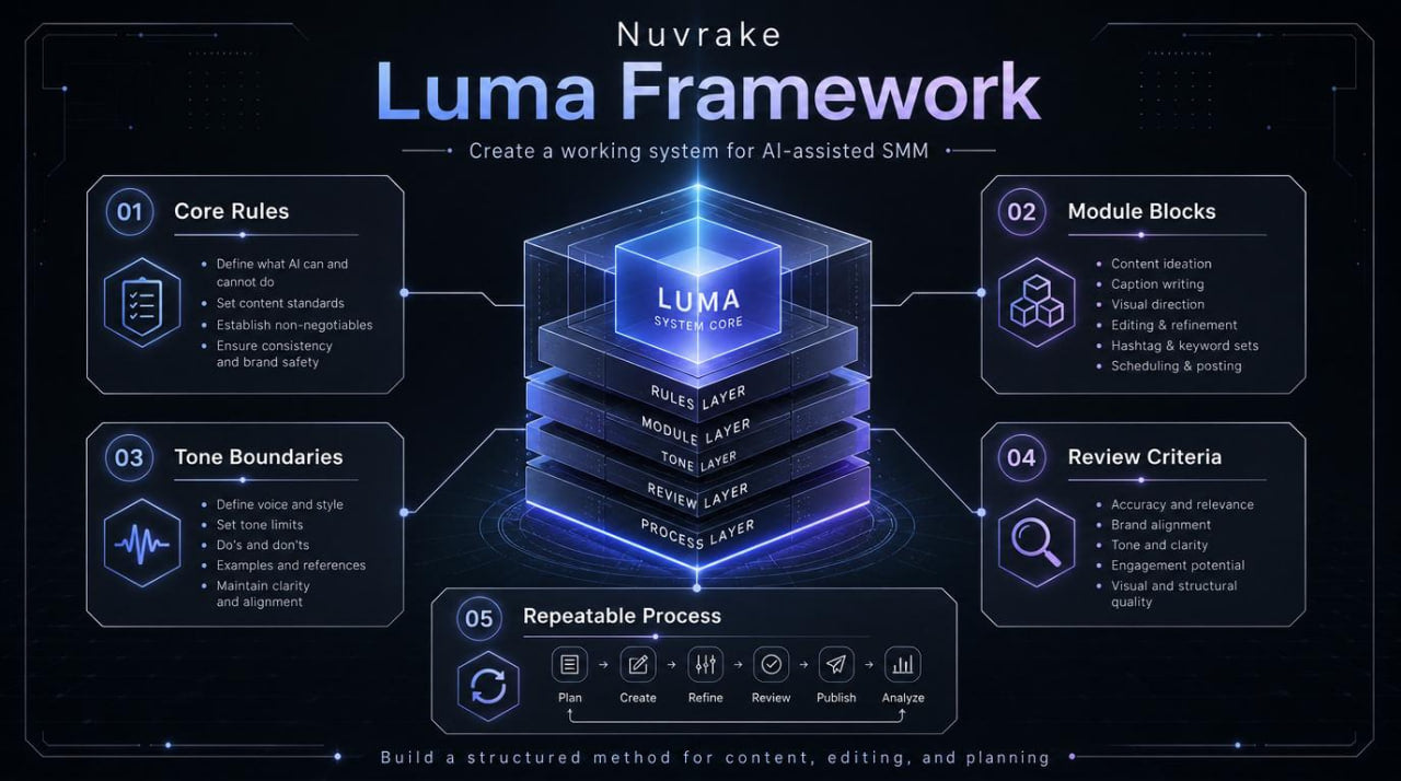 Nuv rake Luma Framework diagram with blue glowing elements on a dark background
