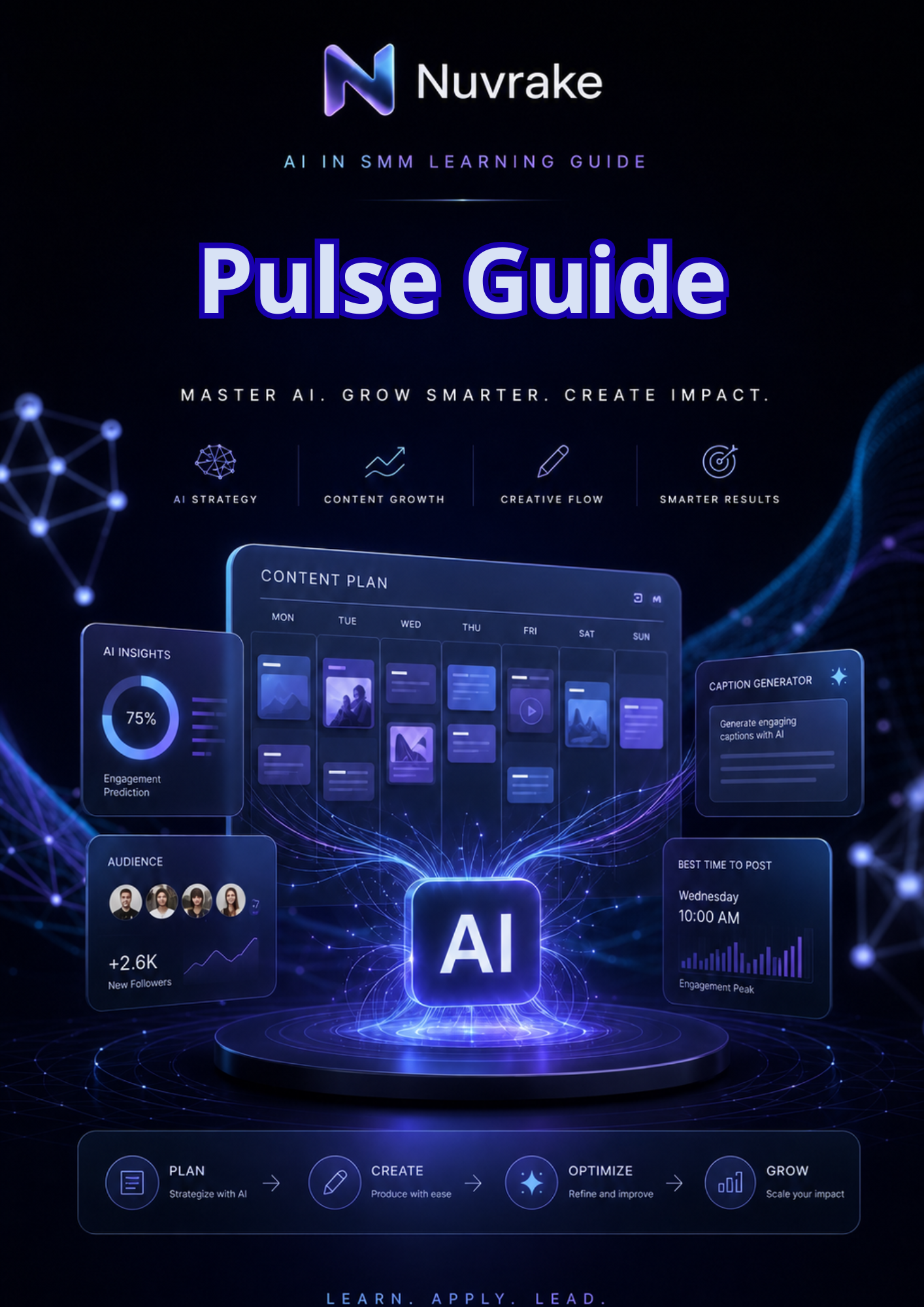 Nuvrake AI in SMM Learning Guide Pulse Guide with digital interface design on a dark background