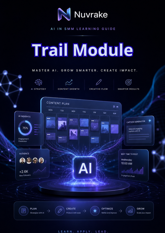 Nuvrake AI in SMM Learning Guide Trail Module with digital interface design on a dark background.