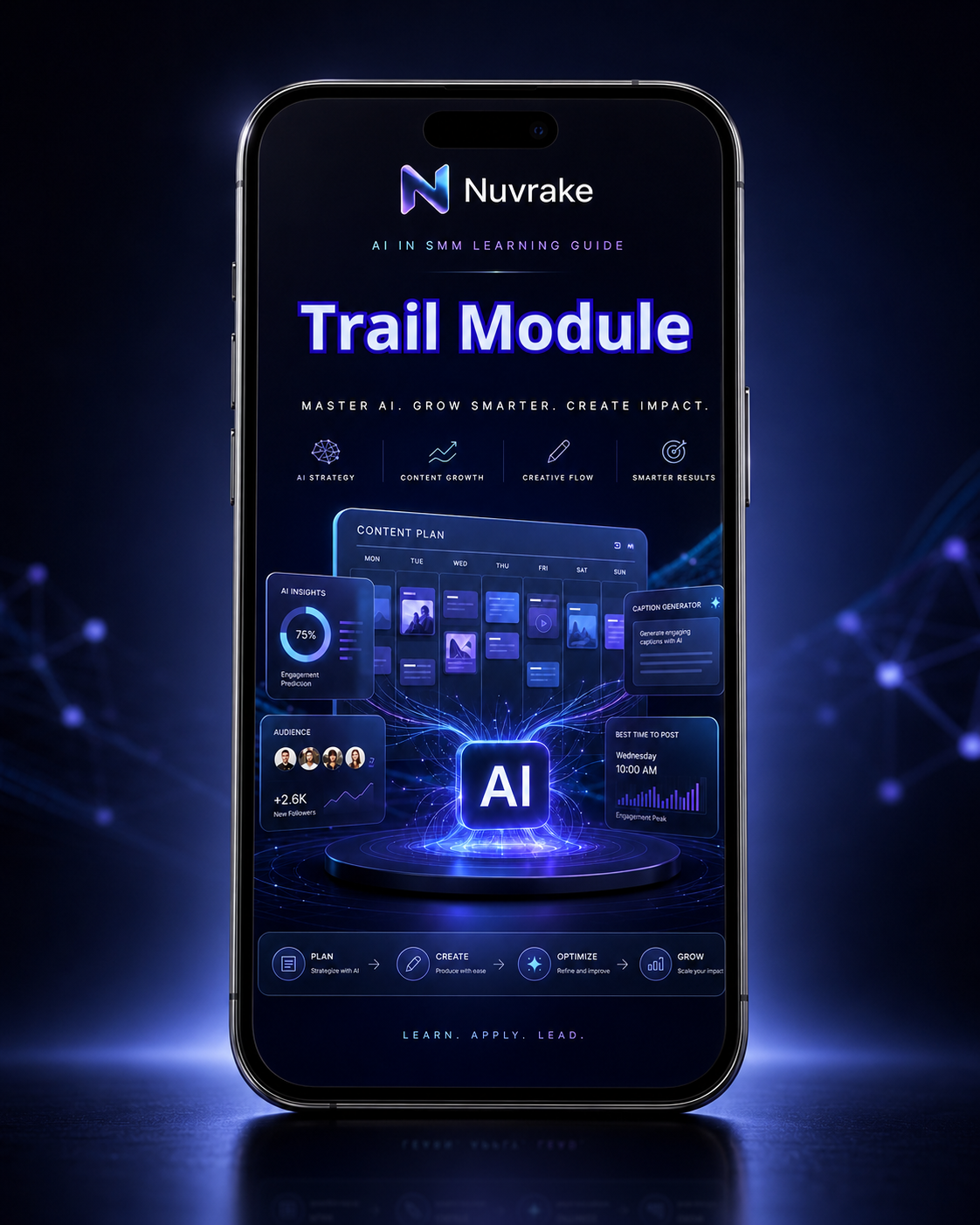 Smartphone displaying Nuv rake AI learning guide app on a dark background