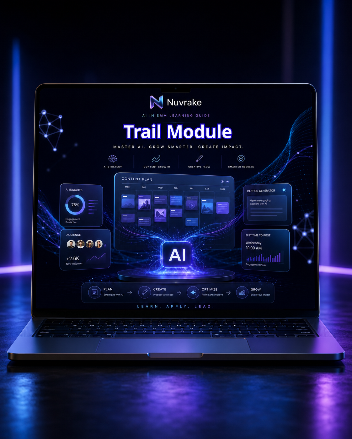 Laptop displaying Nuvrake AI software interface on a dark background