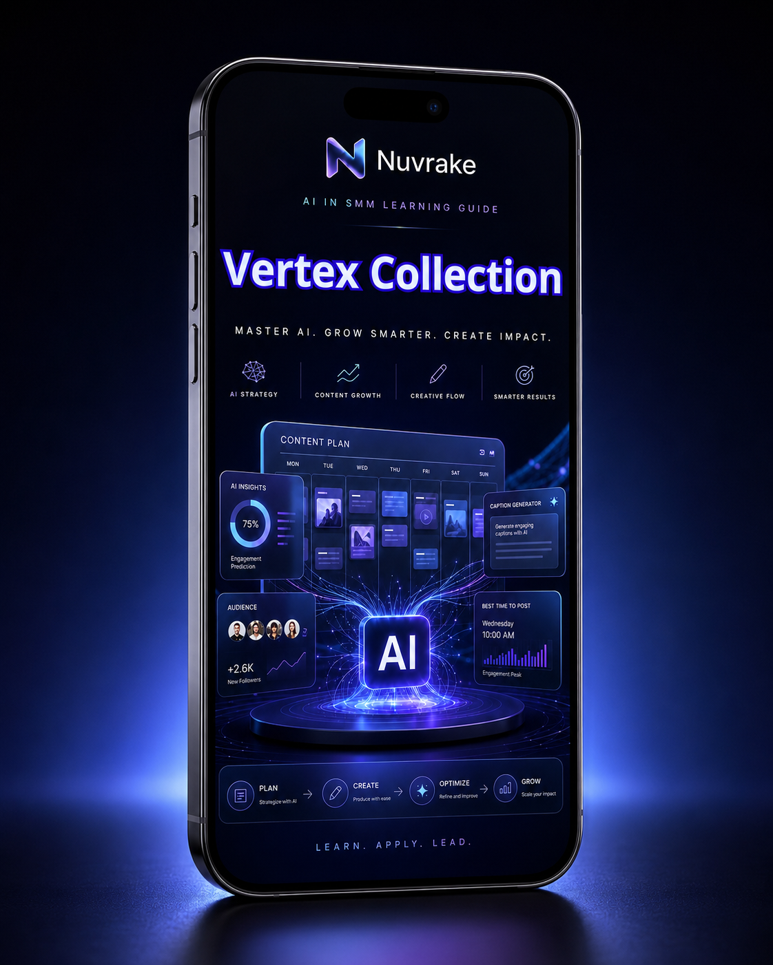 Smartphone displaying Nuvrake AI platform on a dark background