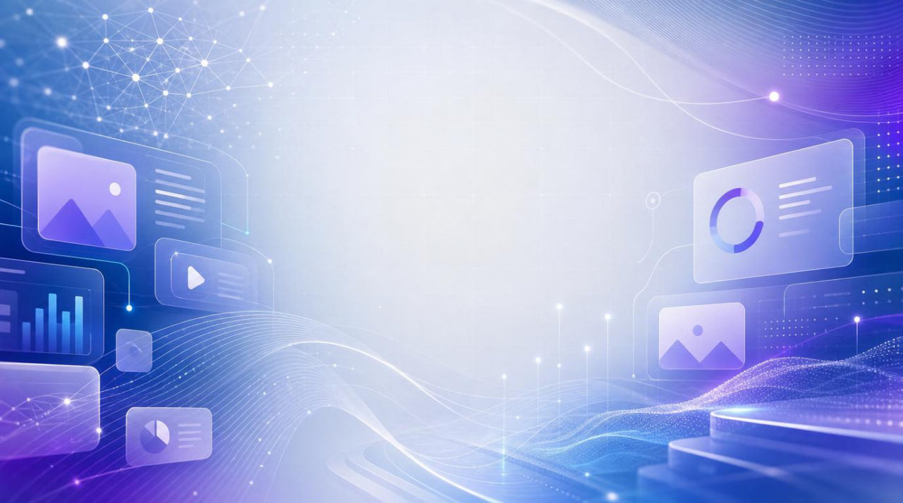 Abstract technology-themed background with digital icons and elements.