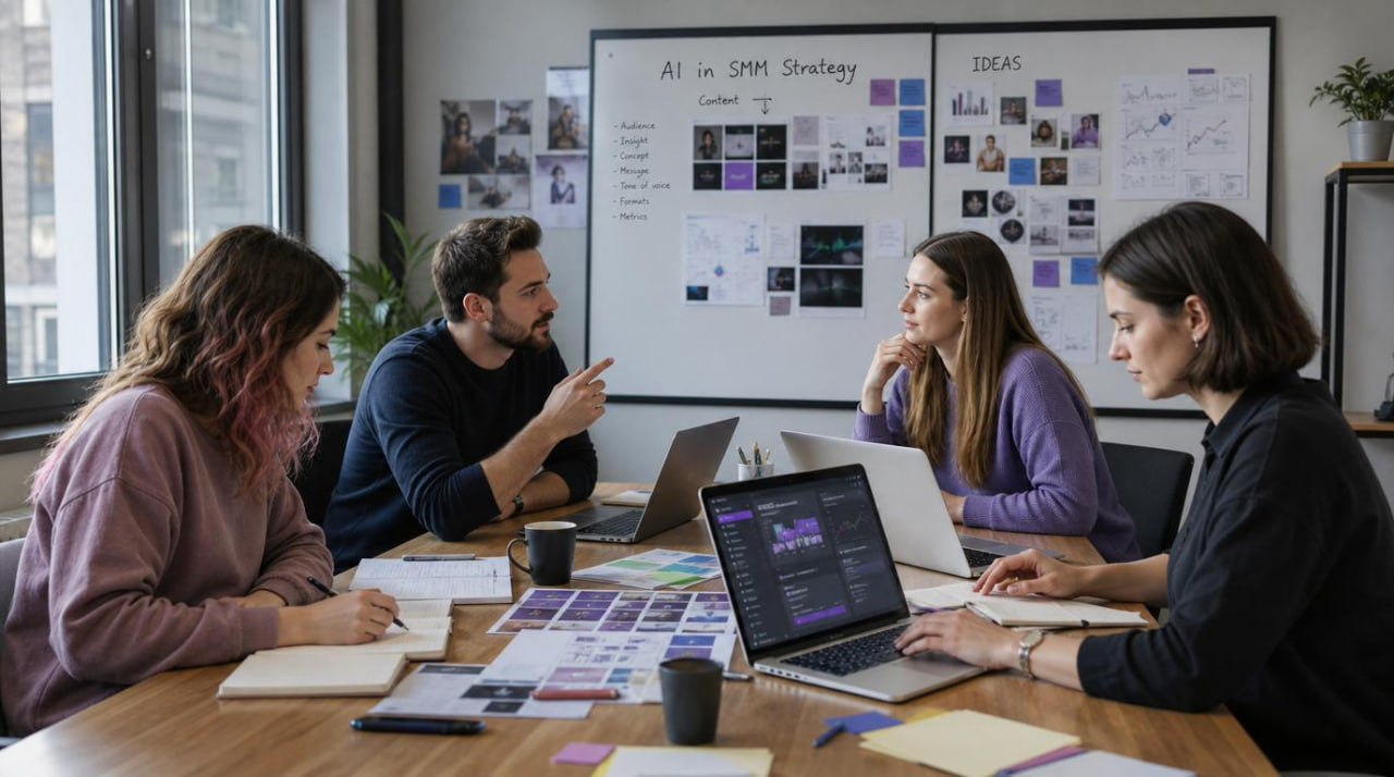 Group of people working together in a modern office setting with a whiteboard displaying project ideas.